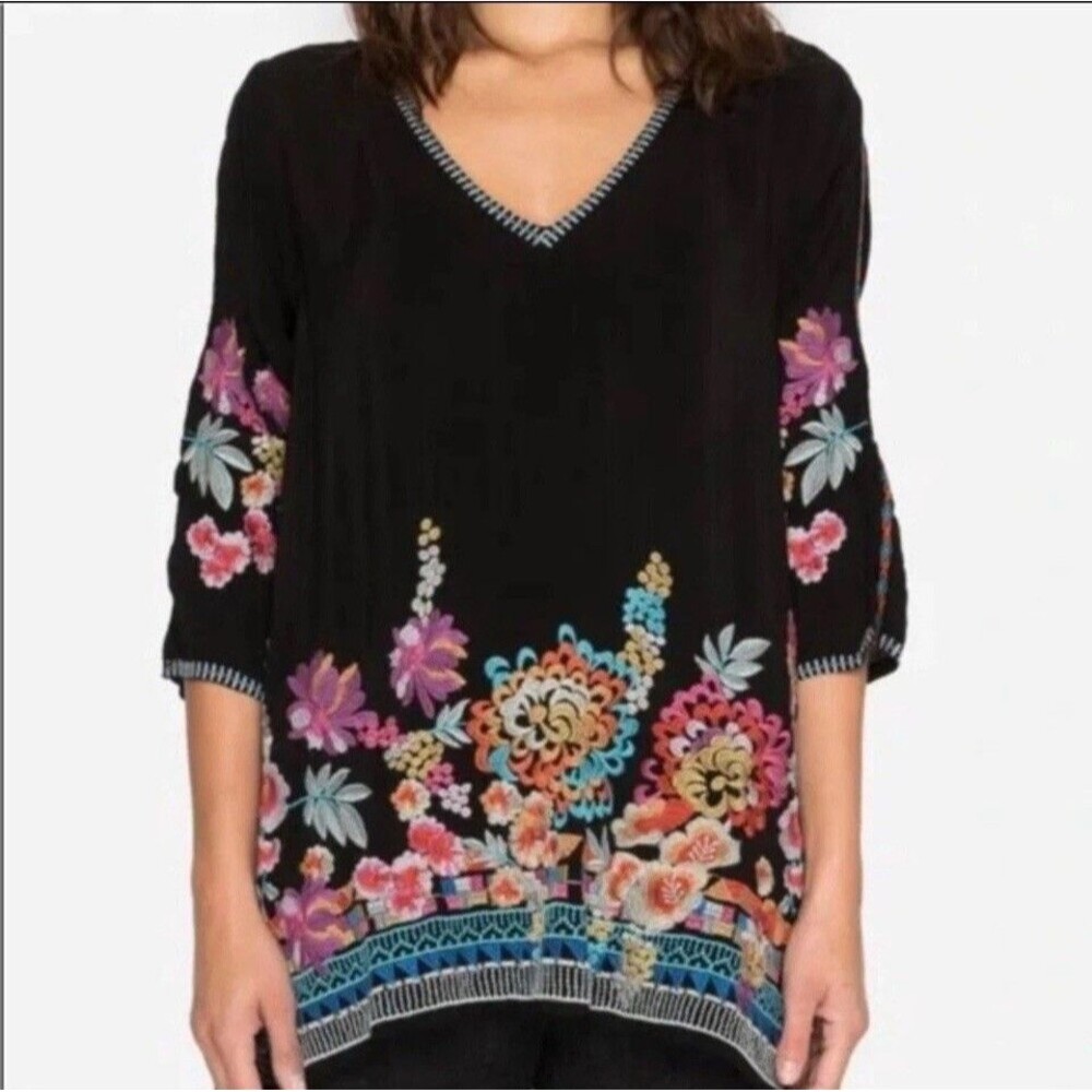 Johnny Was Araxi Colorful Floral Embroidery Tunic V-Neck 1/2 Sleeve Boho Sz M